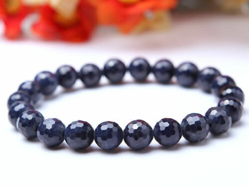 Genuine Natural Blue Sapphire Faceted Gemstone 7mm 8mm 9mm For Women Man Bracelet Stretch Faceted Round Beads Bracelet AAAAA