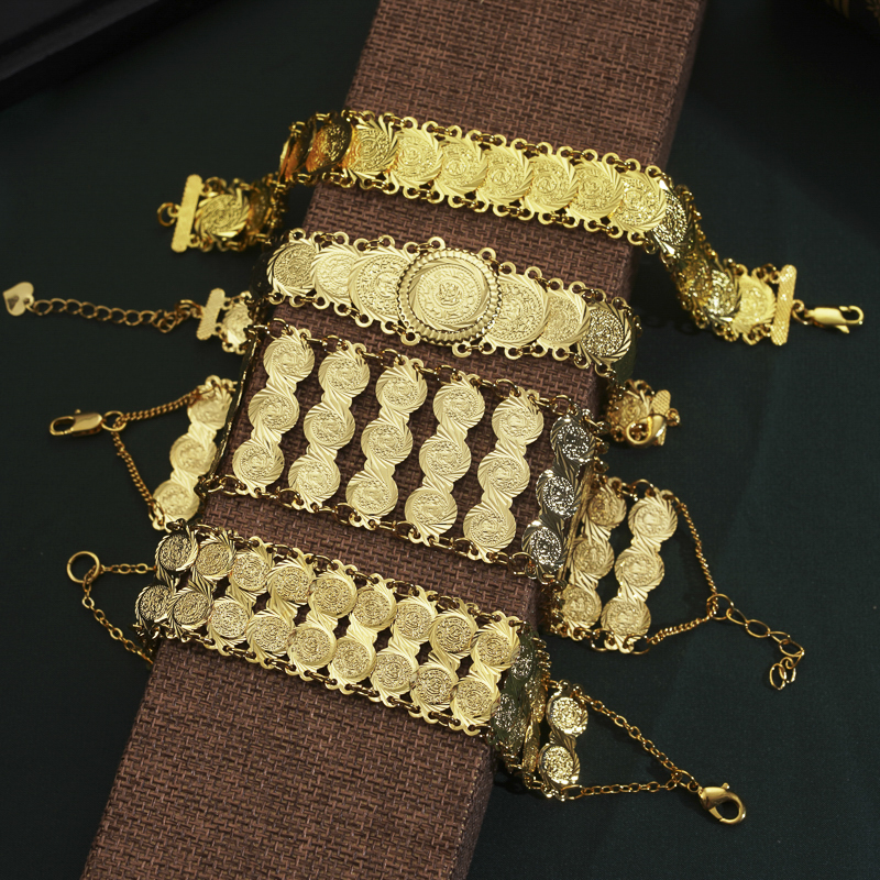 Herseygold Copper Bracelet Turkish Middle East Jewelry Arab Coins Gold Plated Chain Bracelet Mulism Bridal Bangle Bracelets