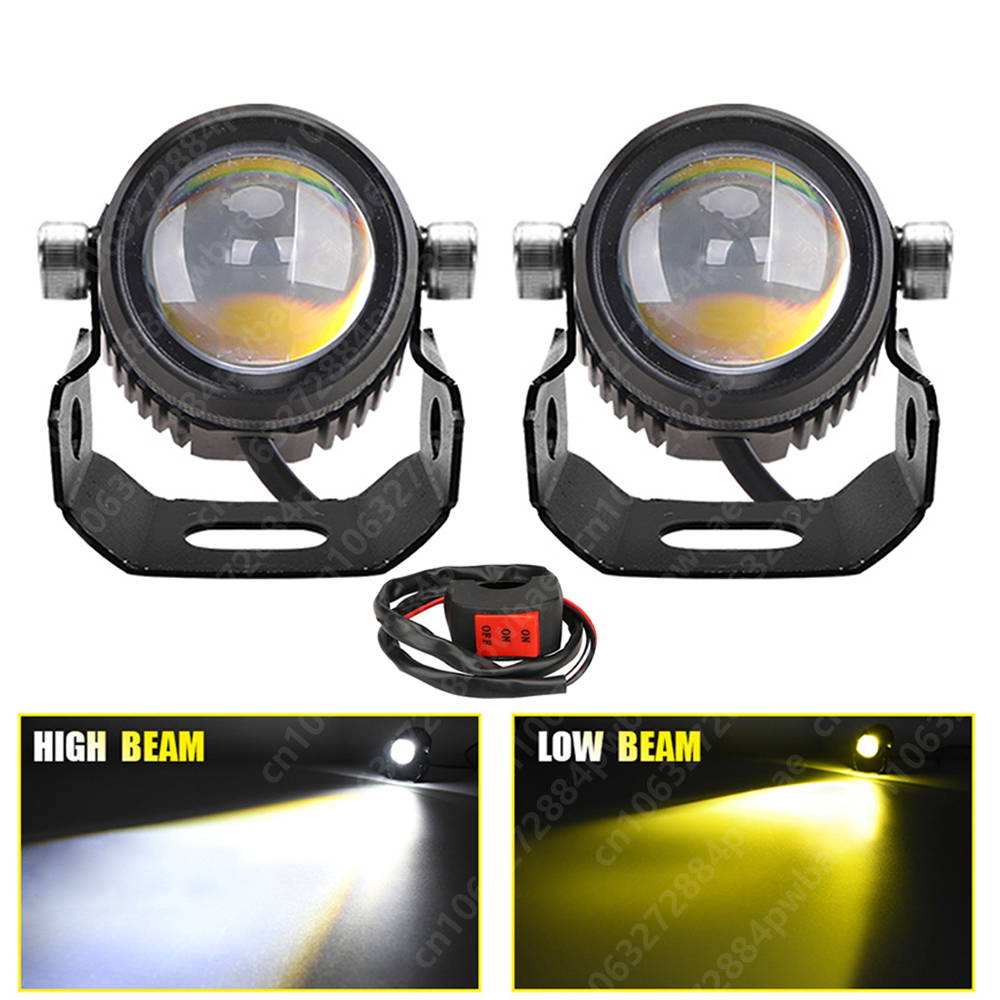 LED Motorcycle Headlamp Car Headlight Bulbs Auto Spotlights Lamp Projector Lens Dual Color Spot Fog Work Auxiliary Light 70W
