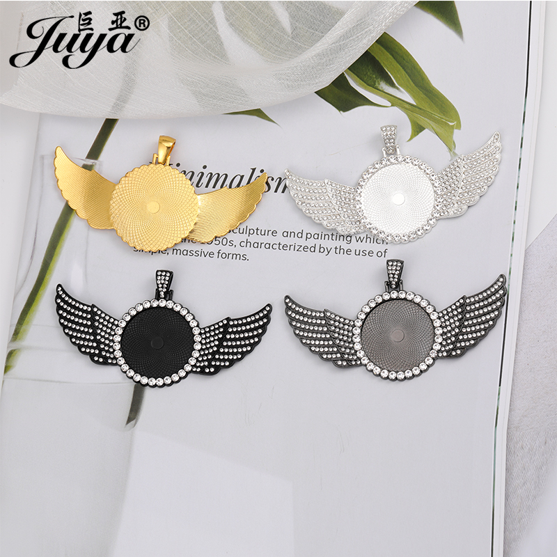 20PCS Circle Angel Wings Pendant Base 30mm Blank Tray Diamond Rhinestone Bezel Charm For DIY Jewelry Making Necklace Accessories