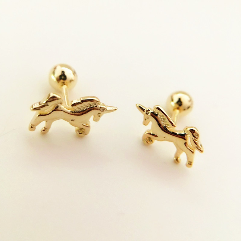Cute 925 Sterling Silver Gold Color Small Unicornio Horse Screw Back Stud Earrings For Women Girls Kids Baby Piercing Jewelry