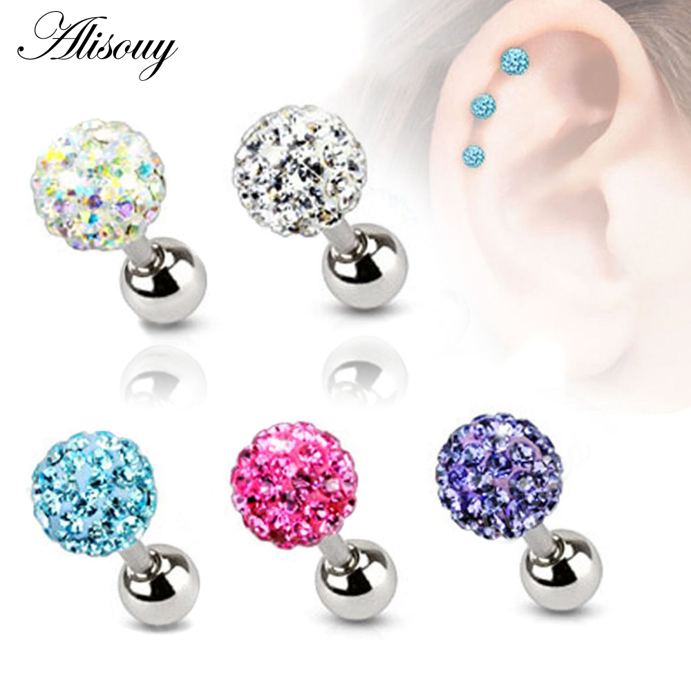 Alisouy 2PCS 3 4 5mm Trendy Crystal Ball Earrings Surgical Steel Ear Plugs Women's Ear Studs Screw back Body Piercings Jewelry