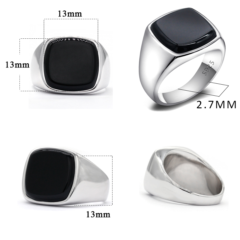 Turkish Ring for Men 925 Sterling Silver Black Onyx Square Natural Stone Rings Simple Classic Signet Jewelry to Male Women Gift