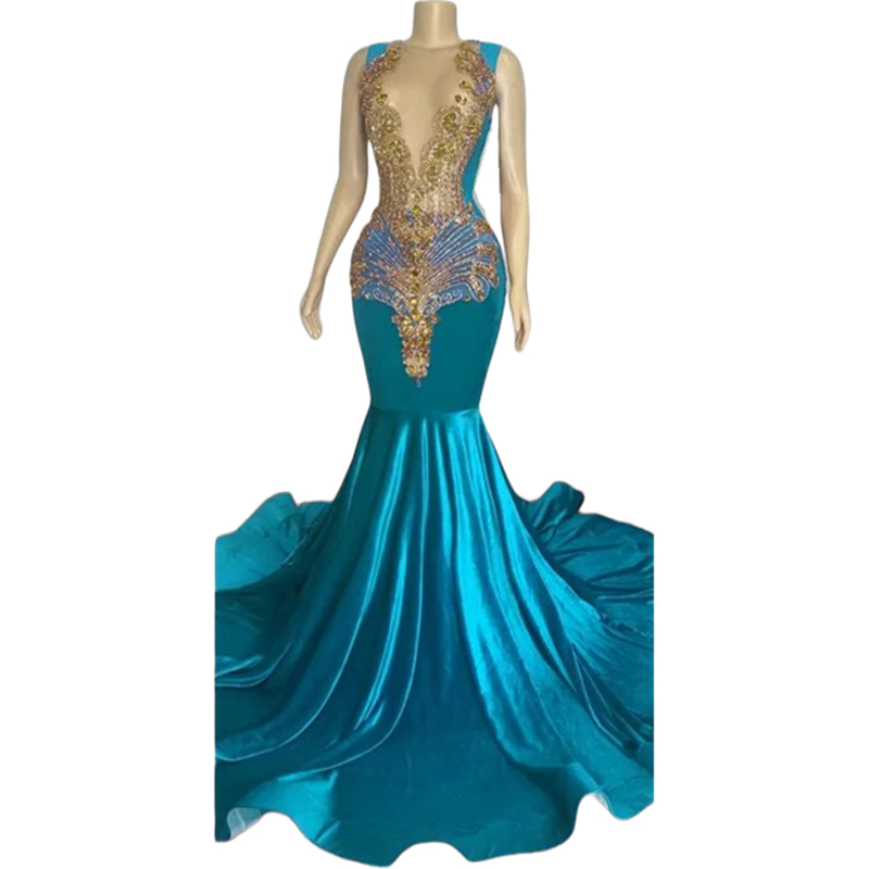 Elegant Turquoise Prom Dresses For Black Girls 2024 Gold Rhinestone Crystal Beaded Velvet Mermaid Celebrity Party Gowns Evening Dress Vestidos De Fest