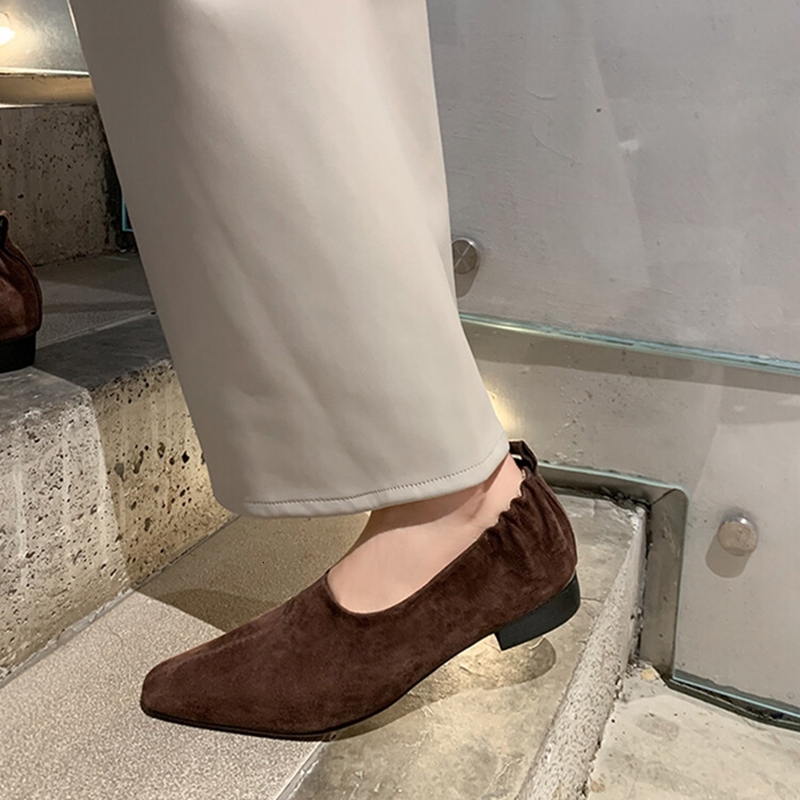NEW Spring/Autumn Loafers Sheep Suede Leather For Square Toe Chunky Heel Soft Shoes Black Shallow Women Pumps