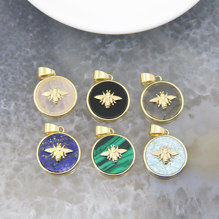 Round Natural Stone Amazonite Black Agates Malachite Paved Bee Pendants Charms Necklace For DIY Jewelry Making Accessories