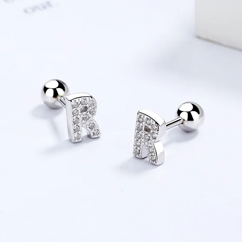 TrustDavis Real 925 Sterling Silver 26 Letter CZ Screw Beads Stud Earrings for Women Children Baby Minimalist Jewelry DB1430