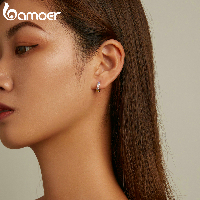Bamoer Genuine 925 Sterling Silver Rainbow Love Ear Buckles Colorful Heart Hoop Earring for Women Fine Jewelry Anniversary Gift
