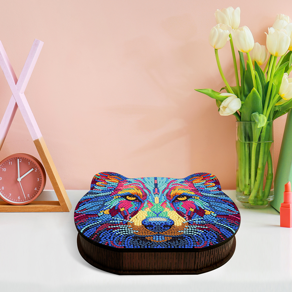 Wood Crystal Rhinestone Diamond Art Jewelry Case Wolf Diamond Mosaic Embroidery DIY Jewelry Storage Box Tiger for Adults Kids