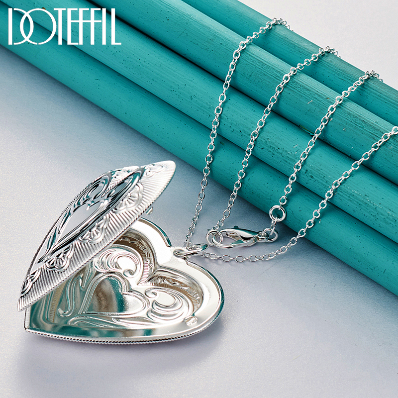 DOTEFFIL 925 Sterling Silver 16-30 Inch Chain Heart Shaped Photo Frame Pendant Necklace For Women Man Wedding Charm Jewelry