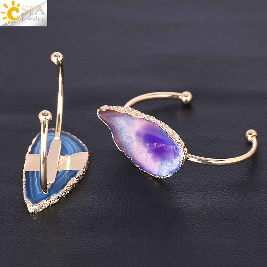 CSJA Natural Stone Hand Jewellery Irregular Nature Agates Slice Half Open Bangles for Women Gold Color Charms Bracelet F346