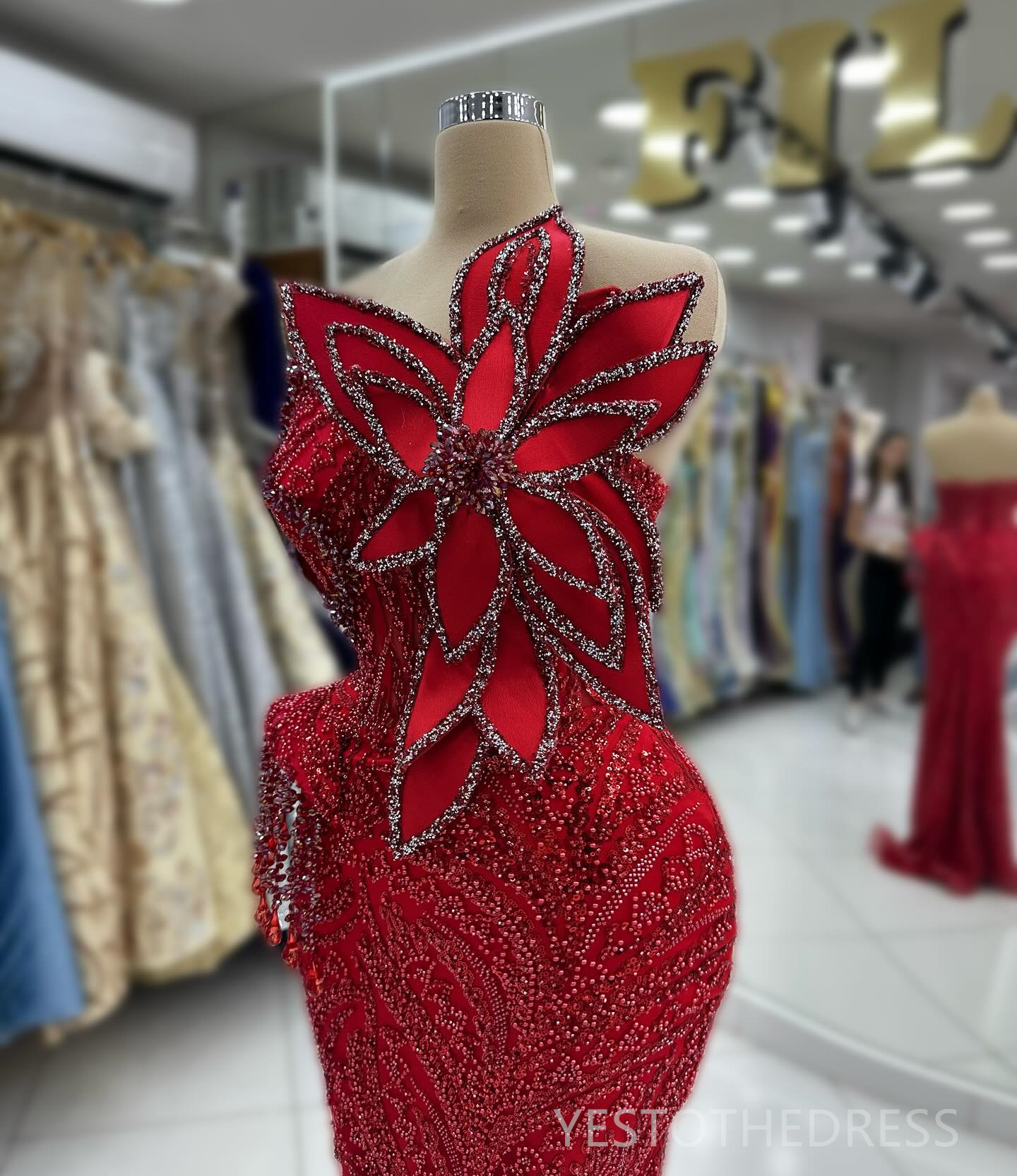 2024 Red Mermaid Prom Dress Sheer Neck Promdress Evening Formal Gowns Beaded Lace Rhinestones Decorated Birthday Dress Second Reception Gowns Gala Gow