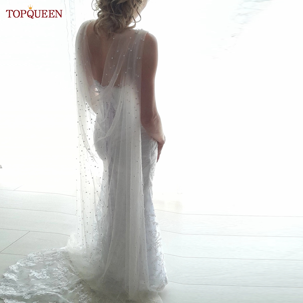 TOPQUEEN G41 DIY Black Bridal Cape Veil Elegant Bachelor Party Cape Bridal Accessories For Wedding Sleeves White Cape for Women