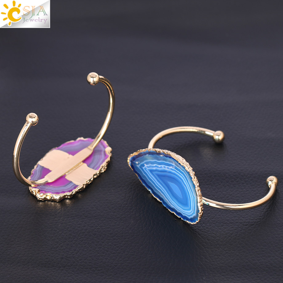 CSJA Natural Stone Hand Jewellery Irregular Nature Agates Slice Half Open Bangles for Women Gold Color Charms Bracelet F346