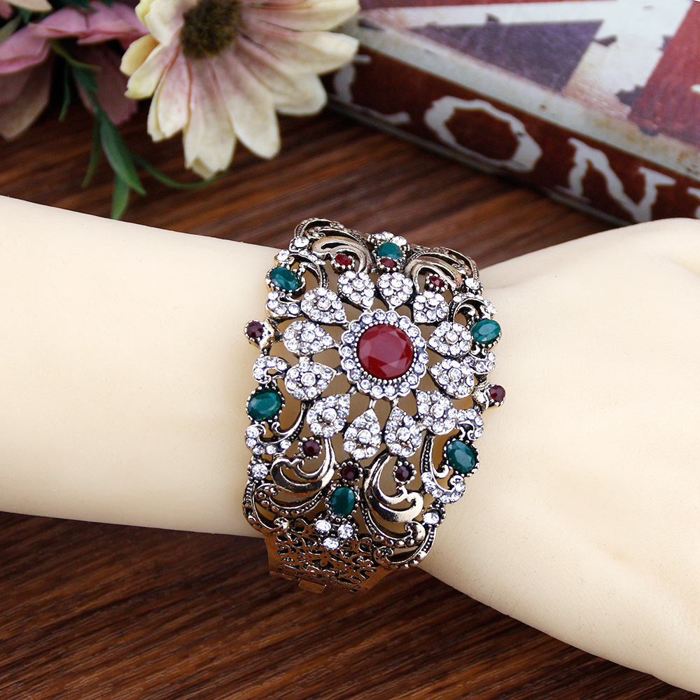 Sunspicems Vintage Indian Turkish Bangle Cuff Bracelet For Women Antique Gold Color Crystal Bohemia Algeria Wedding Jewelry