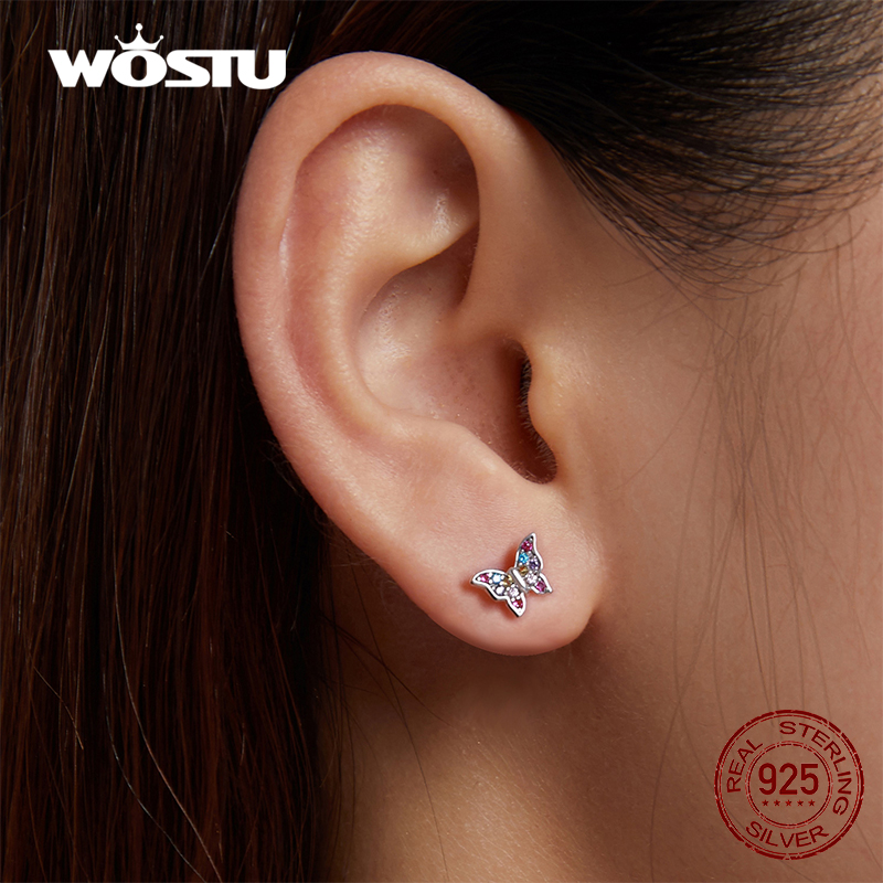 WOSTU 100% 925 Sterling Silver Rainbow Insect Bee Beetle Spider Butterfly Dragonfly Stud Earrings For Women Fine Jewelry Gifts
