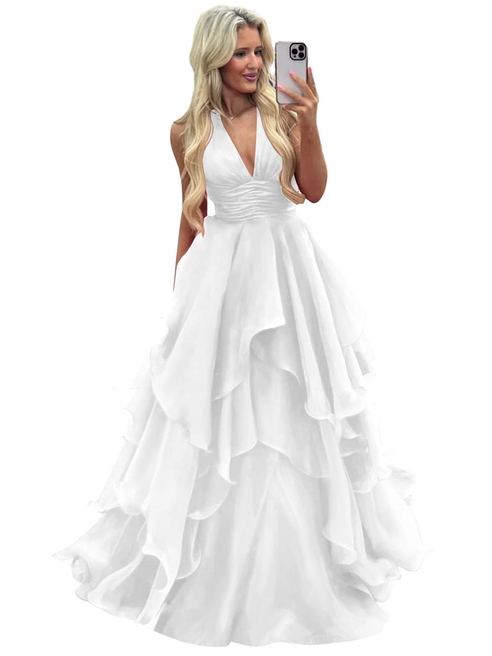 Long Prom Dresses Deep V-Neck Pleats Ball Gown Organza Plus Size Formal Occasion Evening Party Gown Pd20