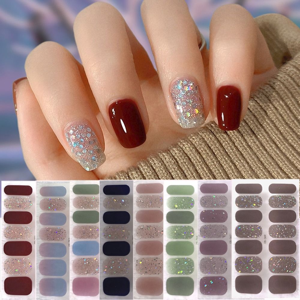 14Tips Semi Cured Gel Nail Stickers Glittering Self-Adhesive Nail Art Stickers Simple Foil Gel Nail Polish Strips