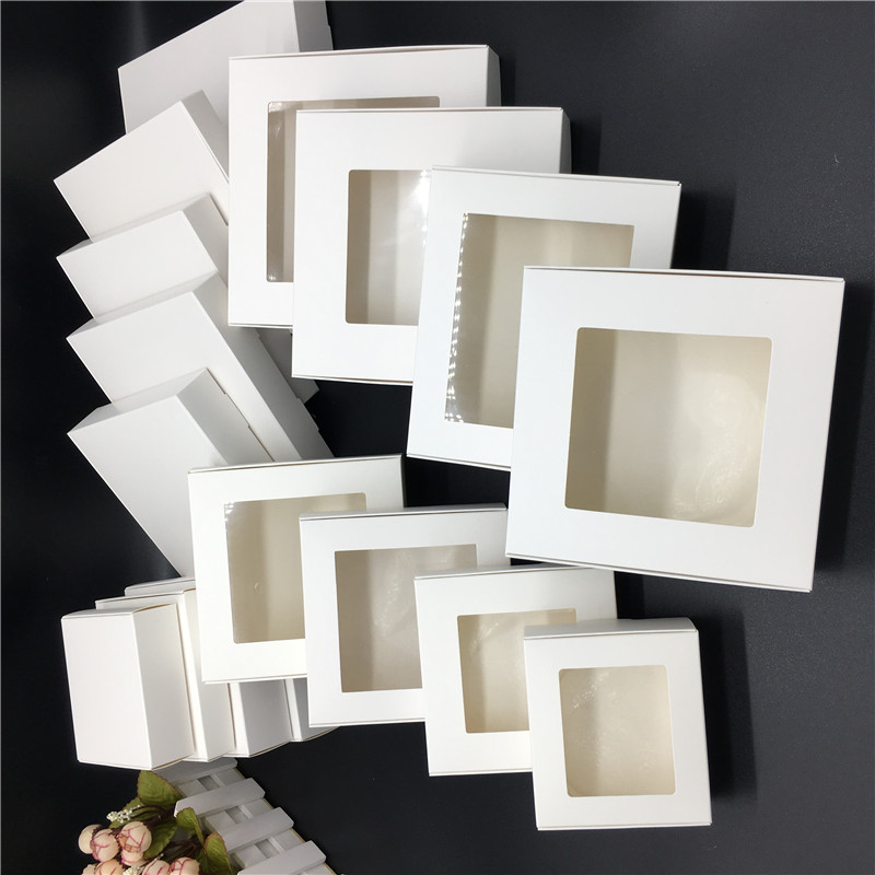 15Pcs Kraft Paper Box Clear PVC Windows Handmade Soap Box White Craft Paper Gift Box Black Packaging Jewelry Boxes