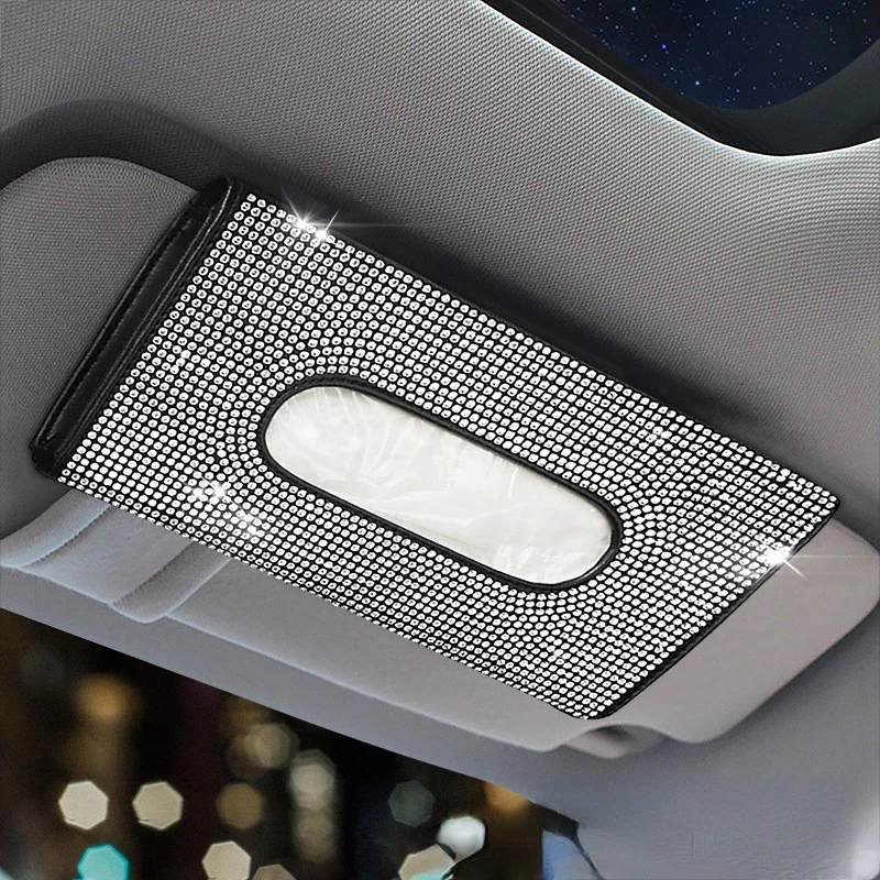 Bling Car Sun Visor Tissue Box Holder Rhinestone Leather Crystal Sparkling Napkin Holder Car Accessories for Women