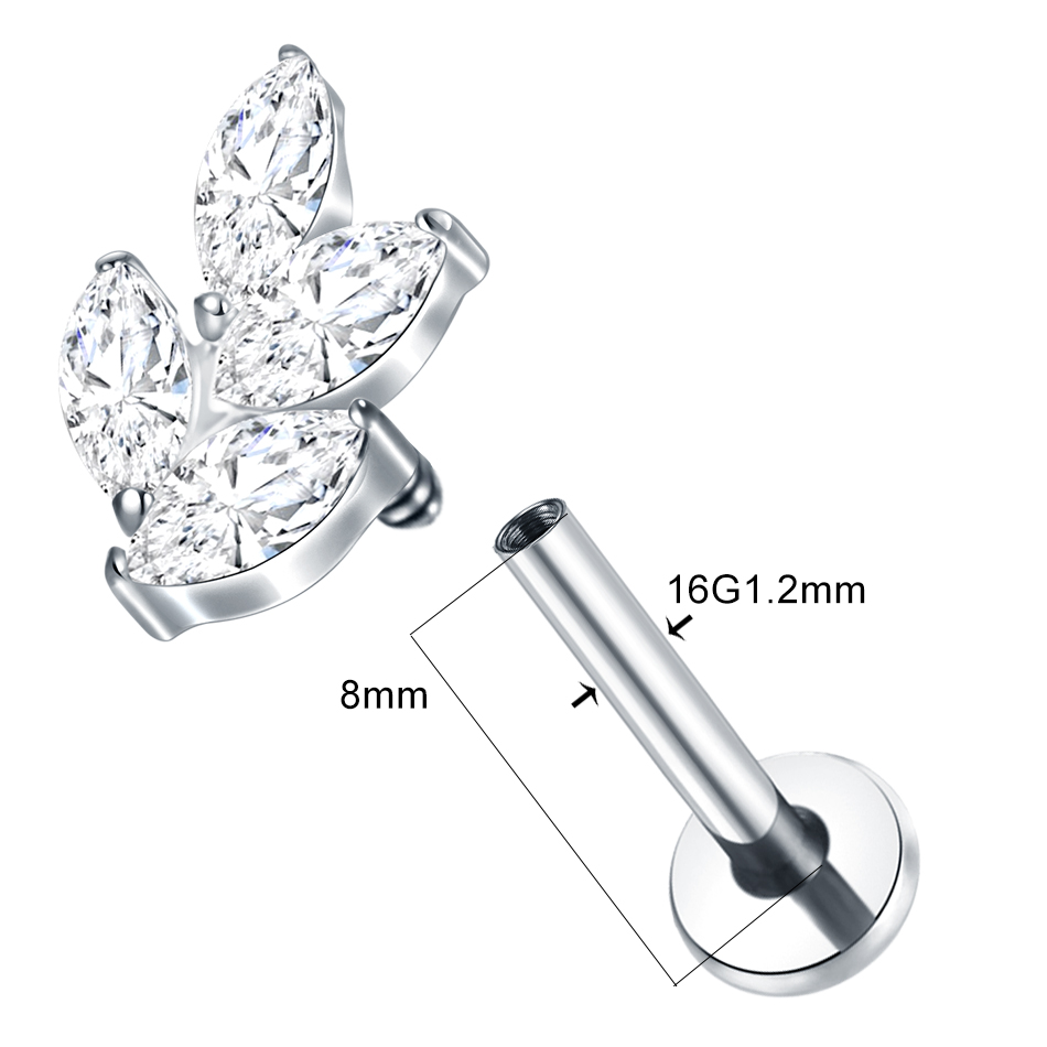 1PC ASTM F136 Titanium 16G Marquise CZ Leaves Stud Earring Leaf Shaped Helix Cartilage Conch Flat Back Lip Piercing Sexy Jewelry
