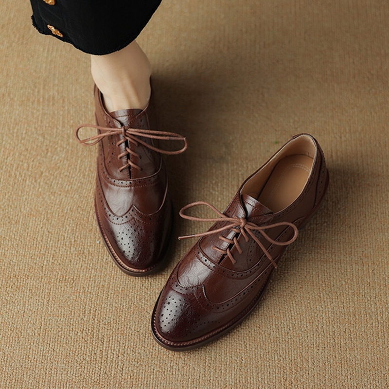 NEW Spring/Autumn Oxfords Split Leather For Women Brogues Vintage Lace Up Loafers Handmade Black Plus Size Shoes