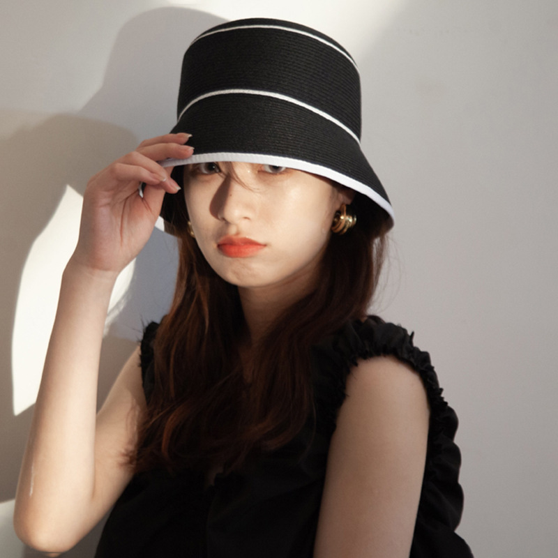 French Hepburn Style Summer Large Brim Bucket Hat Floppy Wide Brim Black White Sun Cap Beach Foldable 2022 Hats for Women Lady