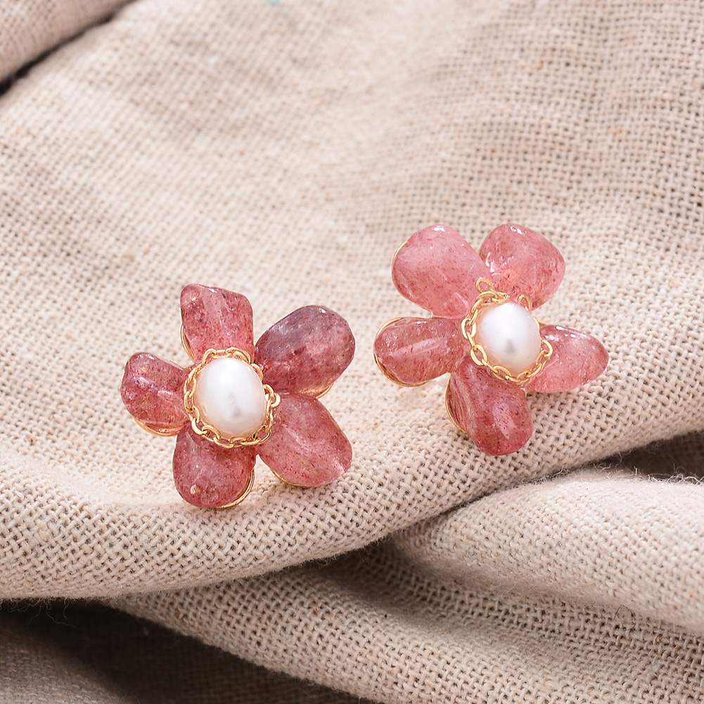 Original Handmade 14K Gold Filled Natural Freshwater Pearl Strawberry Quartz Sweet Rose Flower Ladies Stud Earrings Jewelry Gift