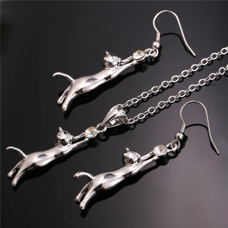 ChainsPro Cat Jewelry Sets For Women Crystal Rhinestone Animal Jewelry Gold/Silver/Black Color Cute Earrings Necklace Set S128