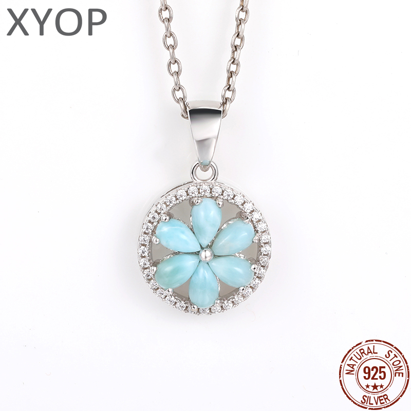 New Trend Classic Charm 925 Sterling Silver Jewelry Gifts Retro Flower Natural Precious Larimar Pendant Necklace for Woman