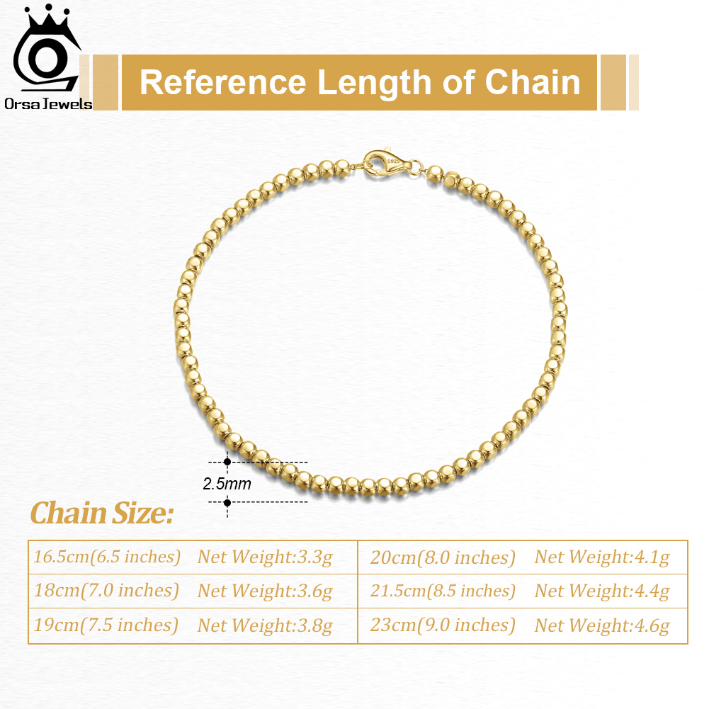 ORSA JEWELS 925 Sterling Silver Italian 2.5mm Organic Cube Bead Chain Bracelet for Women Men Beads Bracelet Fine Jewelry SB124