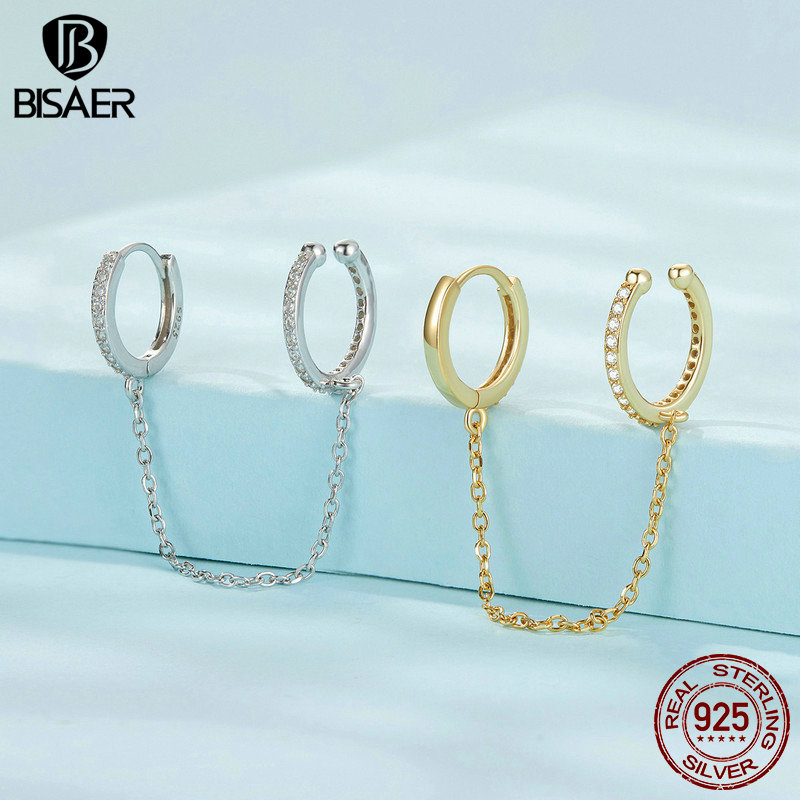 BISAER 925 Sterling Silver Double Layer Ear Cuff Star Earring Buckle For Exquisite Woman Plated Platinum Fine Jewelry