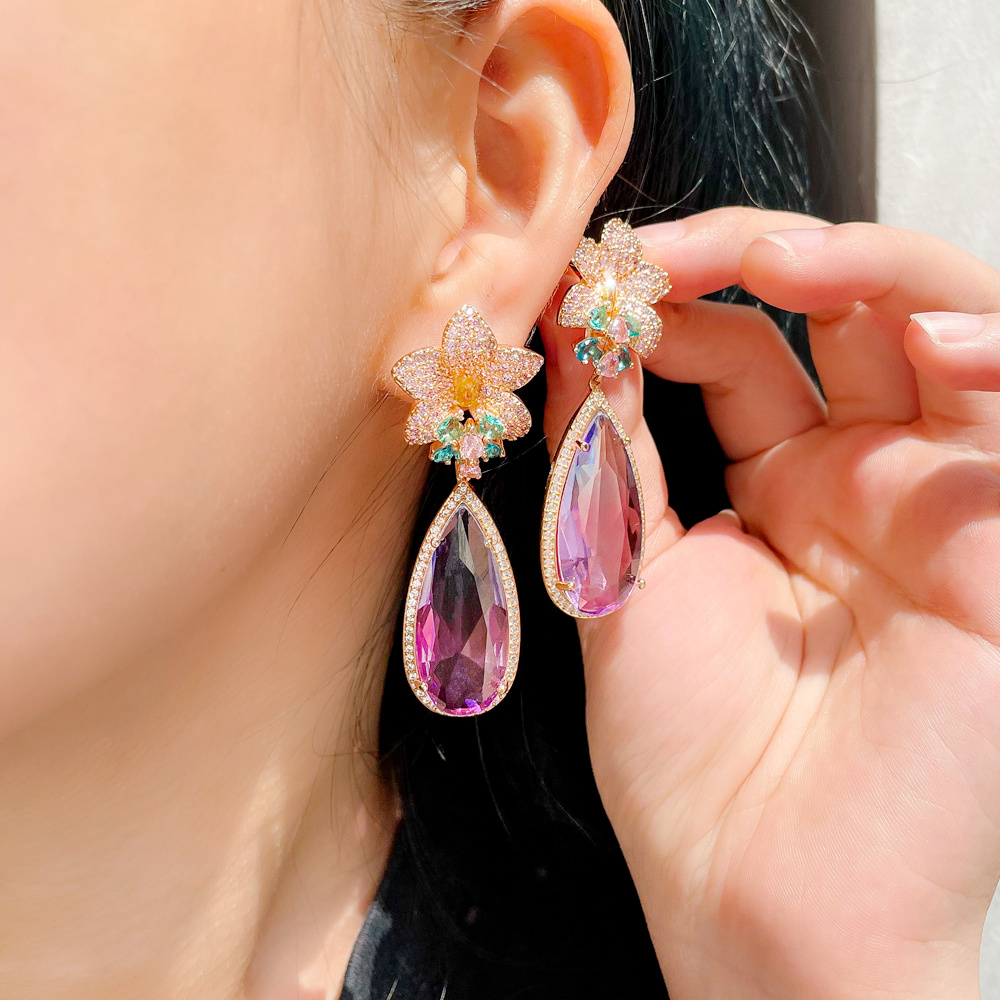 CWWZircons Micro Pave Pink Cubic Zirconia Flower Big Water Drop Rainbow Crystal Long Luxury Earring for Women Boho Jewelry CZ965