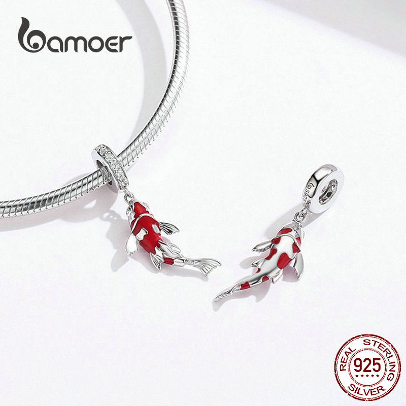 Bamoer 925 Sterling Silver Red Enamel Fish Pendant Lucky Koi Dangle Charm Fit Women Bracelet Necklace DIY Fine Jewelry BSC085