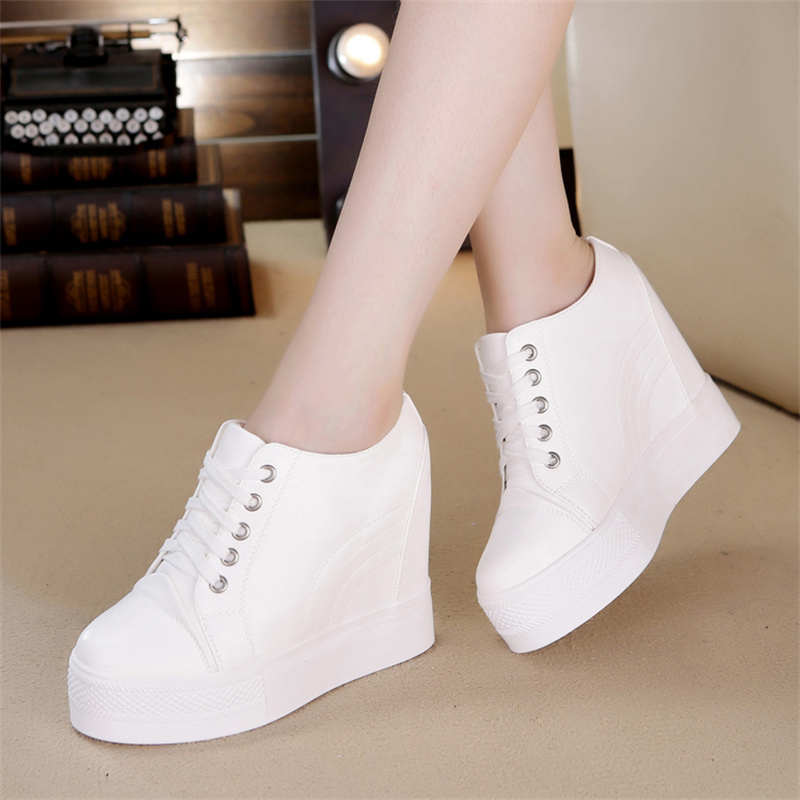 11cm PU Leather Platform Wedge Chunky Sneaker Hidden Heels Casual Pumps Breathable New Spring Autumn High Brand Vulcanize Shoes