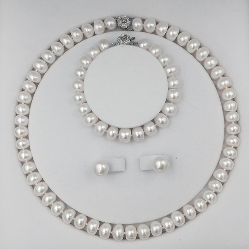 Sinya Freshwater Pearls Beads Necklace Earring Bracelet Jewelry Set 18inch Length Necklace Pearl dia 9-10mm Hot Sale for Women