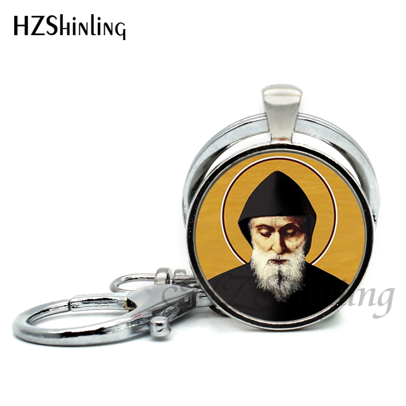2017 New Design Saint Charbel Keychains Art Picture Glass Dome Jewelry St Charbel Pray Pendant Keyring for Christmas gift