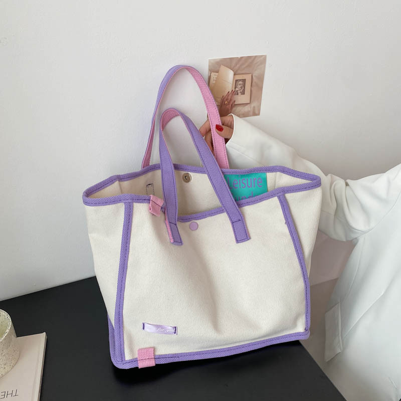Fashion Trendy Brand with The Same Contrast Color Canvas Bag Ladies Handbag Korean Art Canvas Shopping Bag Shoulder Bag