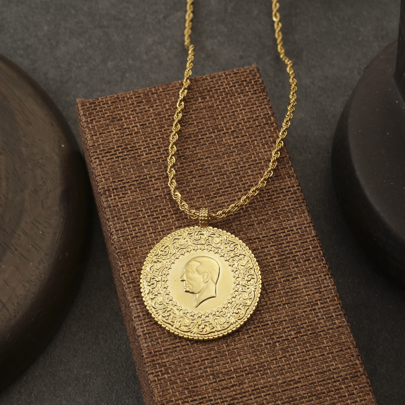 Ottoman Turkish Totem Gold Plated Pendant with Slid Chain Islam Coin Jewelry Spiritual Gifts for Women Ethinc Pendant Chains