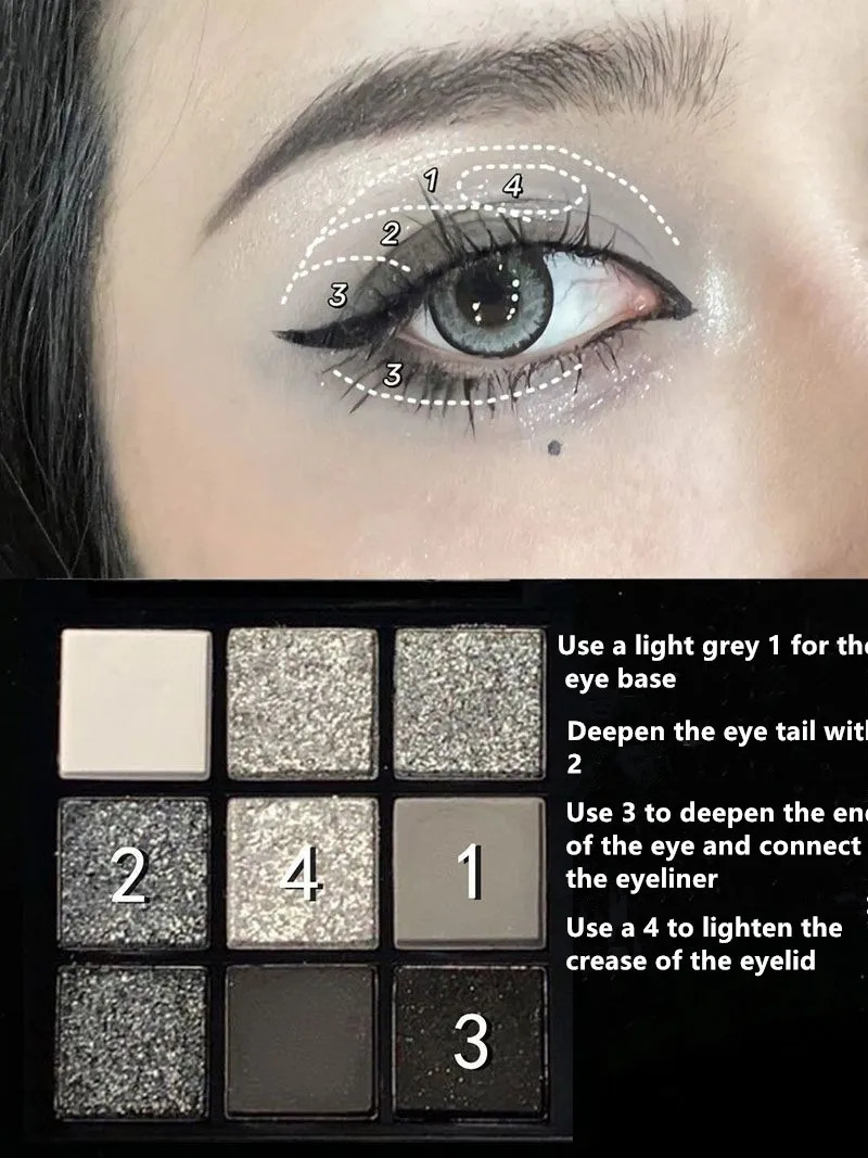 Sweet Light European And American Smoky Eye Nine Color Eyeshadow Tray Cement Dark Punk Black And White Gray Metal Pearl . 240624