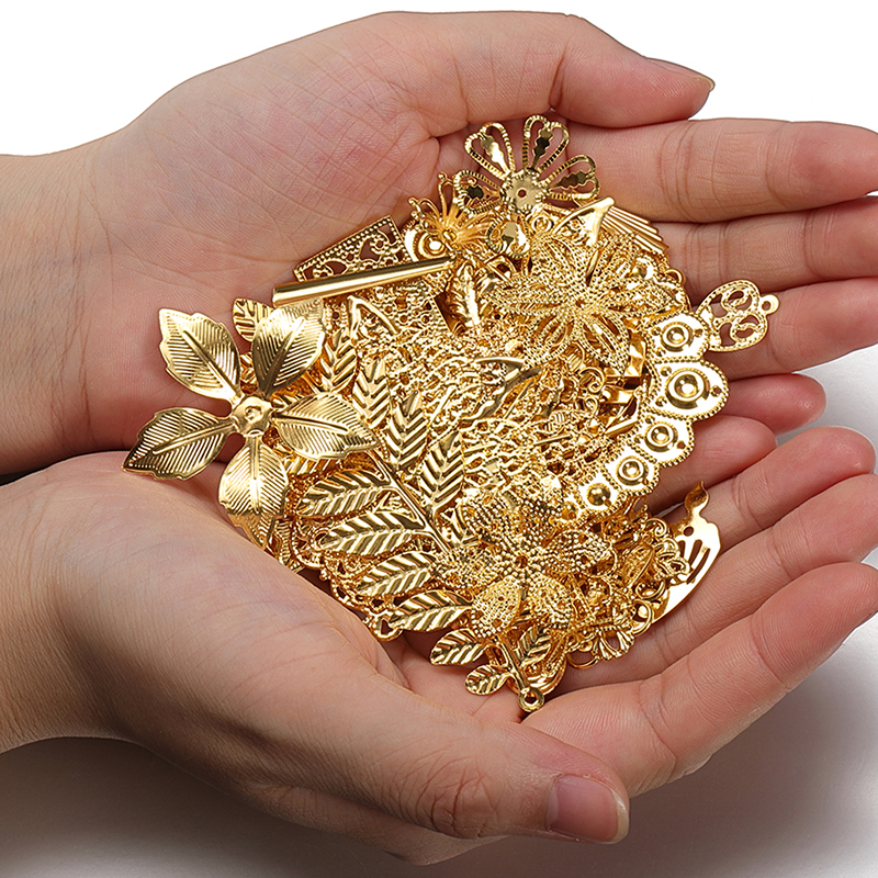 50g/lot Mixed Metal Flower Leaves Filigree Wraps Connectors Pendant Gold Beads Caps Charms for DIY Jewelry Making Craft Supplies