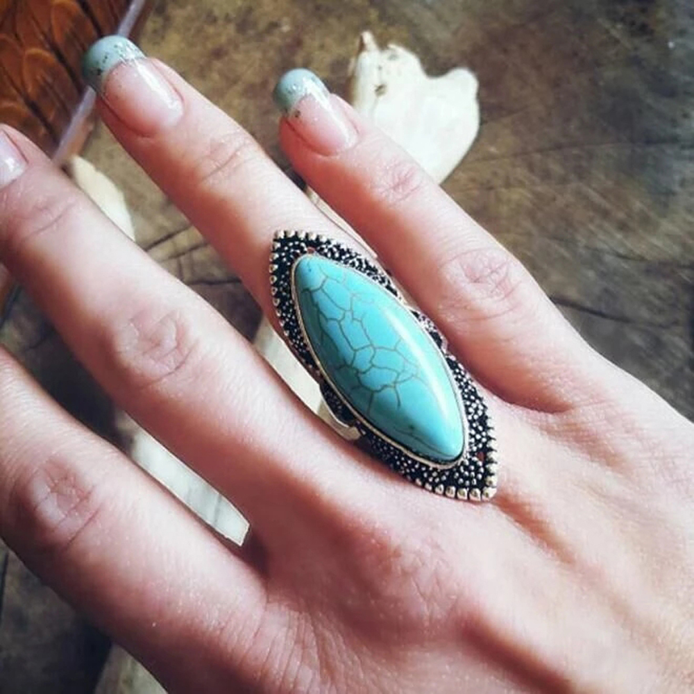 Bohemia Punk Big Round Green Stone Ring For Women Bride Wedding Indian Oxidized Turquoises Finger Adjustable Retro Gypsy Jewelry