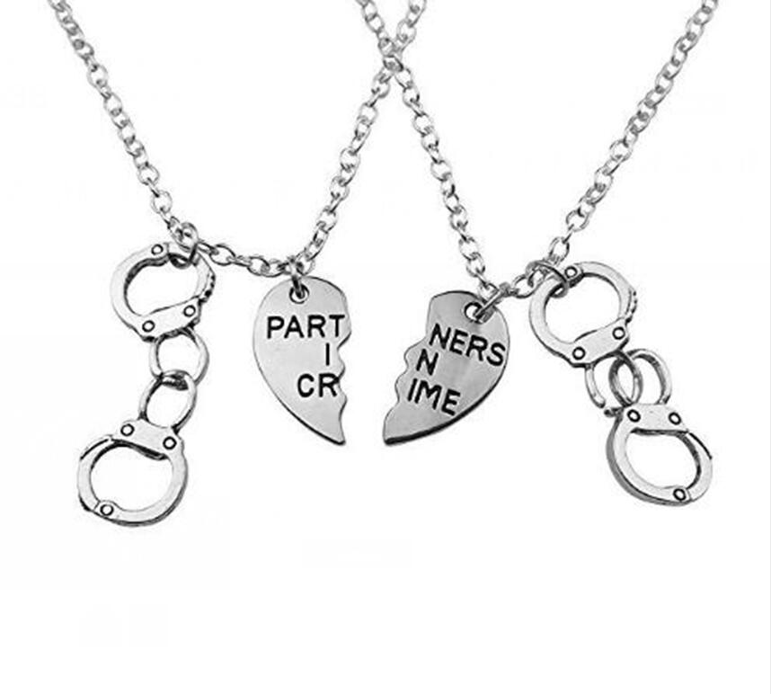 Handcuffs Split Heart Partners in Crime Couples Friendship Necklace cowboy necklace Sweater Chain Pendant Necklace