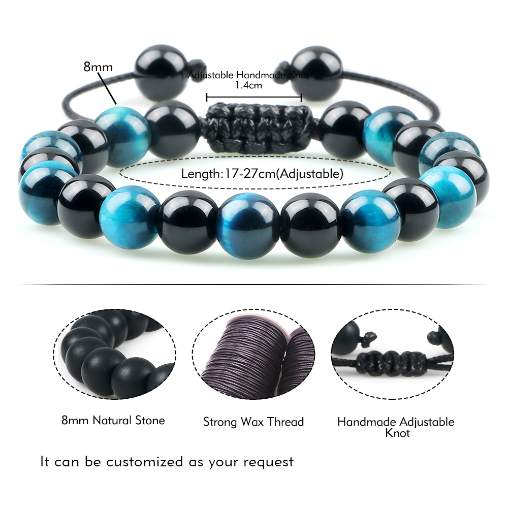 Natural Black Obsidian Beaded Bracelet Men Tiger Eye Stone Cat Eye Bracelet Yoga Essential Oil Elastic Strand Bangles Charm Gift