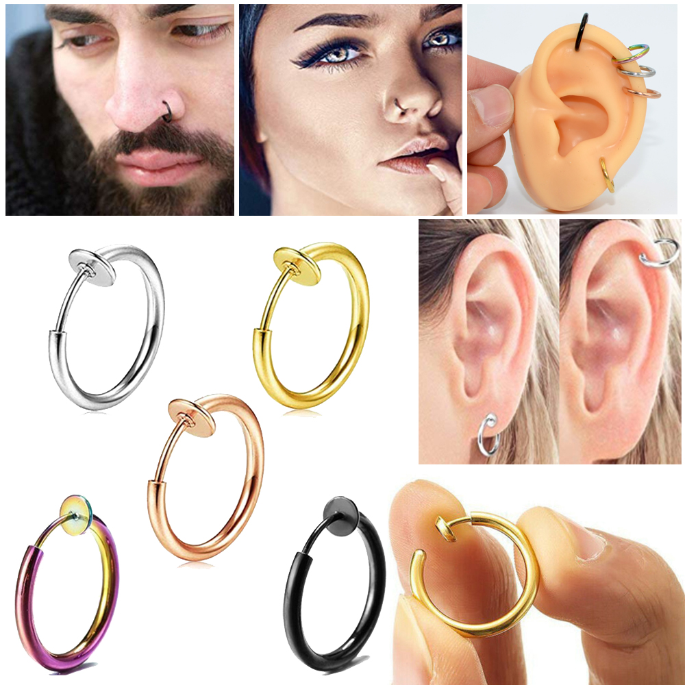 5PCS Clip On Earrings Fake Spring Clip On Labret Nose Clips Ring Stealth Hoop Lip Ring Helix Ring hoop No Piercing earring