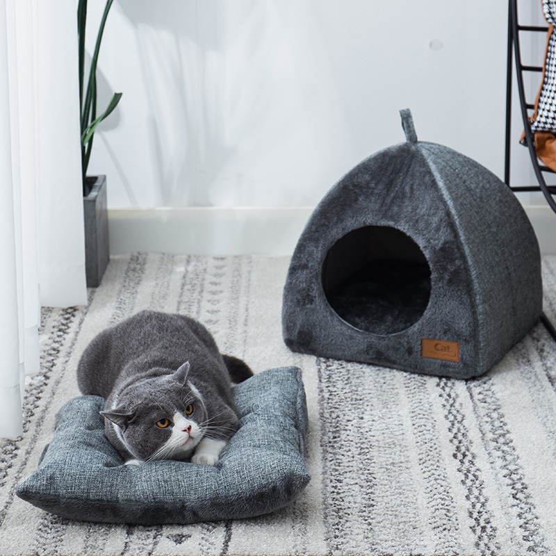 Foldable Cat Bed for Indoor Cats, 2 in 1 Cat House with Removable Cushioned Pillow