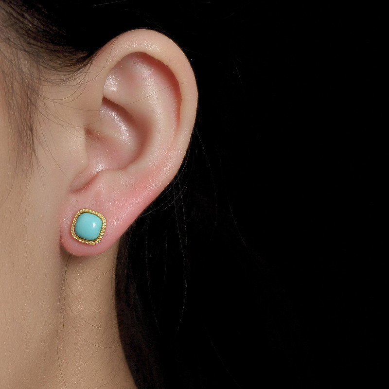 24k Gold Filled Square Turquoise Gemstones Vintage Stud Earrings for Women Classical Jewelry Trendy Accessories Concise Brincos