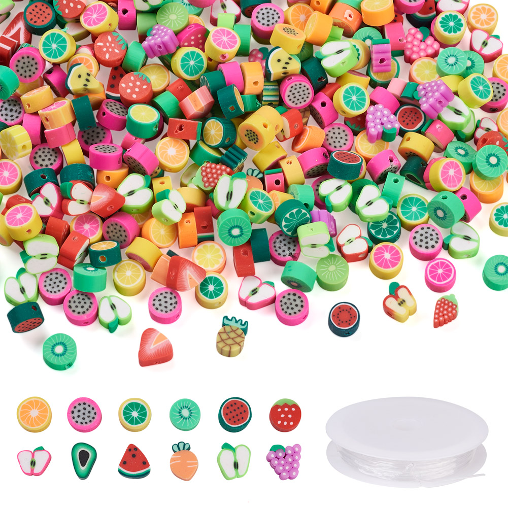 400Pcs 2 Style DIY Stretch Bracelet Making Kits With Handmade Polymer Clay Beads Fruit Theme 1 Roll Elastic Crystal Thread