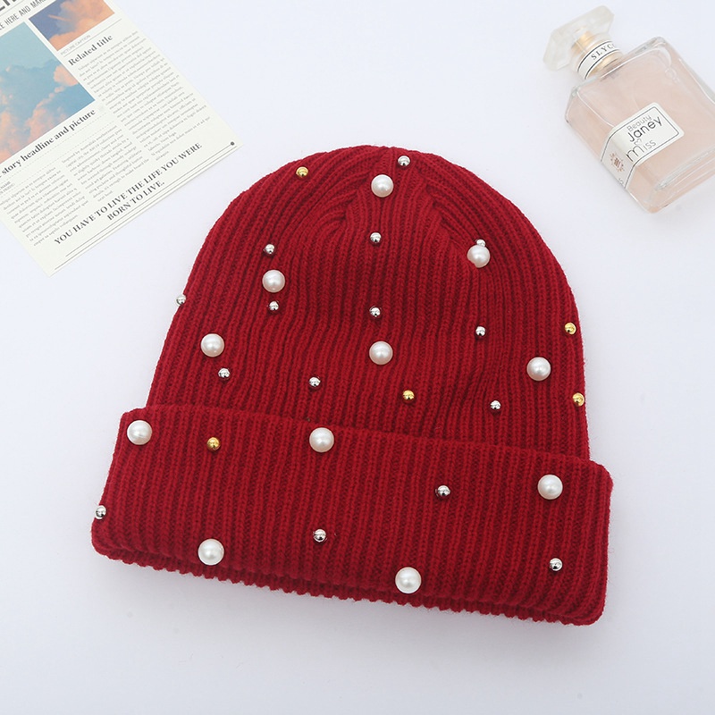 Pearl Inlay Solid Color Keep Warm Knitting Beanie Hat Unisex Autumn Winter Hip Hop Outdoor Women Ski Cap Skull Cap