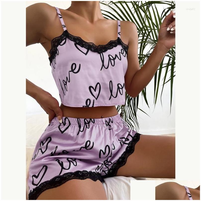 Womens Sleepwear Two Pieces Set Pajama Shorts Suit Print Underwear Pijama Sexy Lingerie Camisoles Tanks Nighty Ladies Drop Delivery A Dhdcn